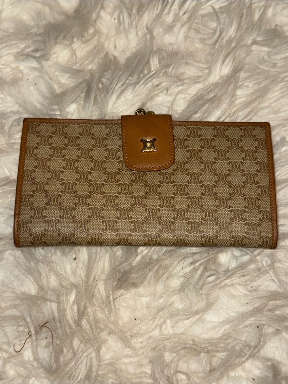 Vintage Celine Macadam Long Wallet Tan Brown Kiss Lock